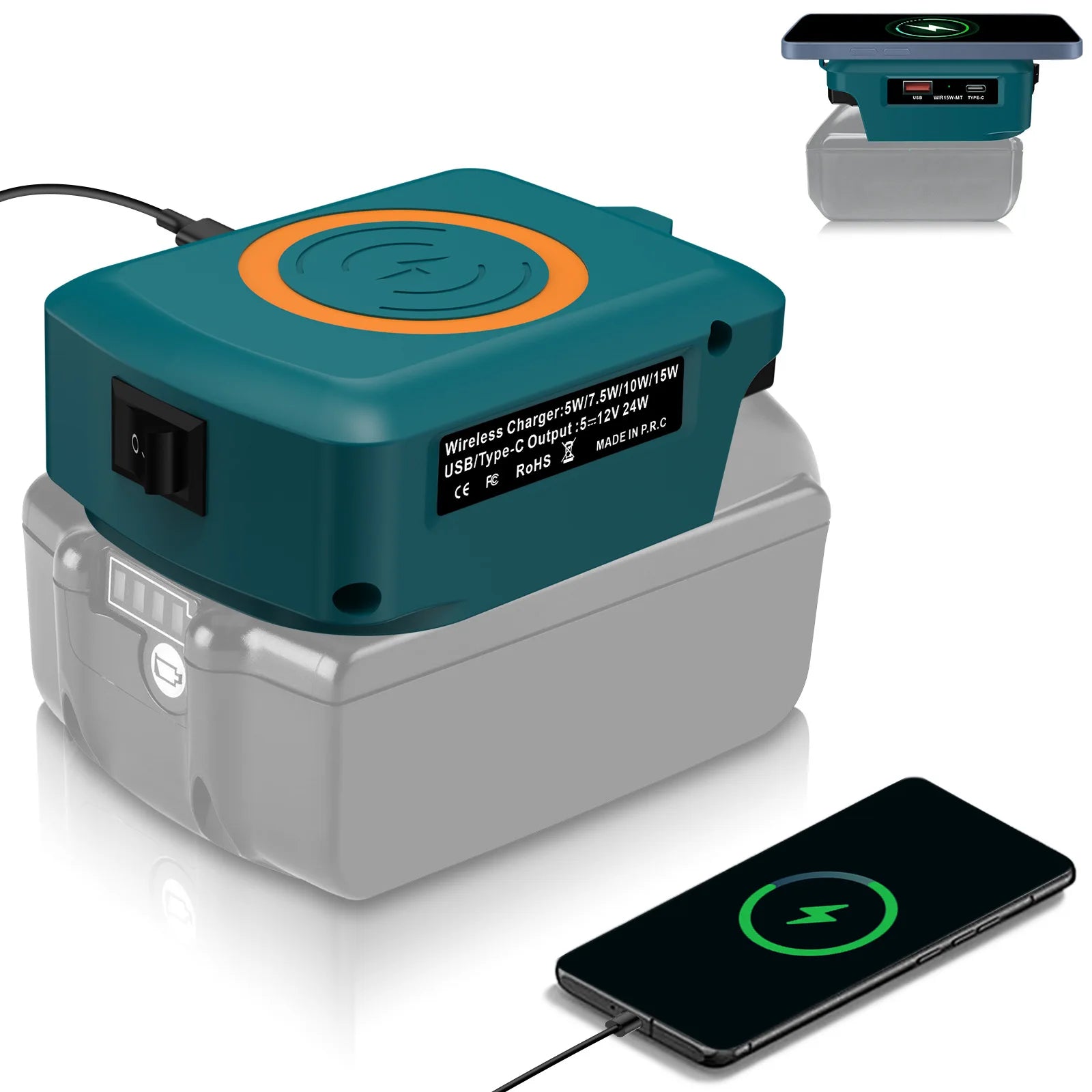 15W Wireless Charger for Makita Dewalt Milwaukee Bosch 18V-20V Battery USB Type-C Fast Charging Adapter PD QC Mobile Phone