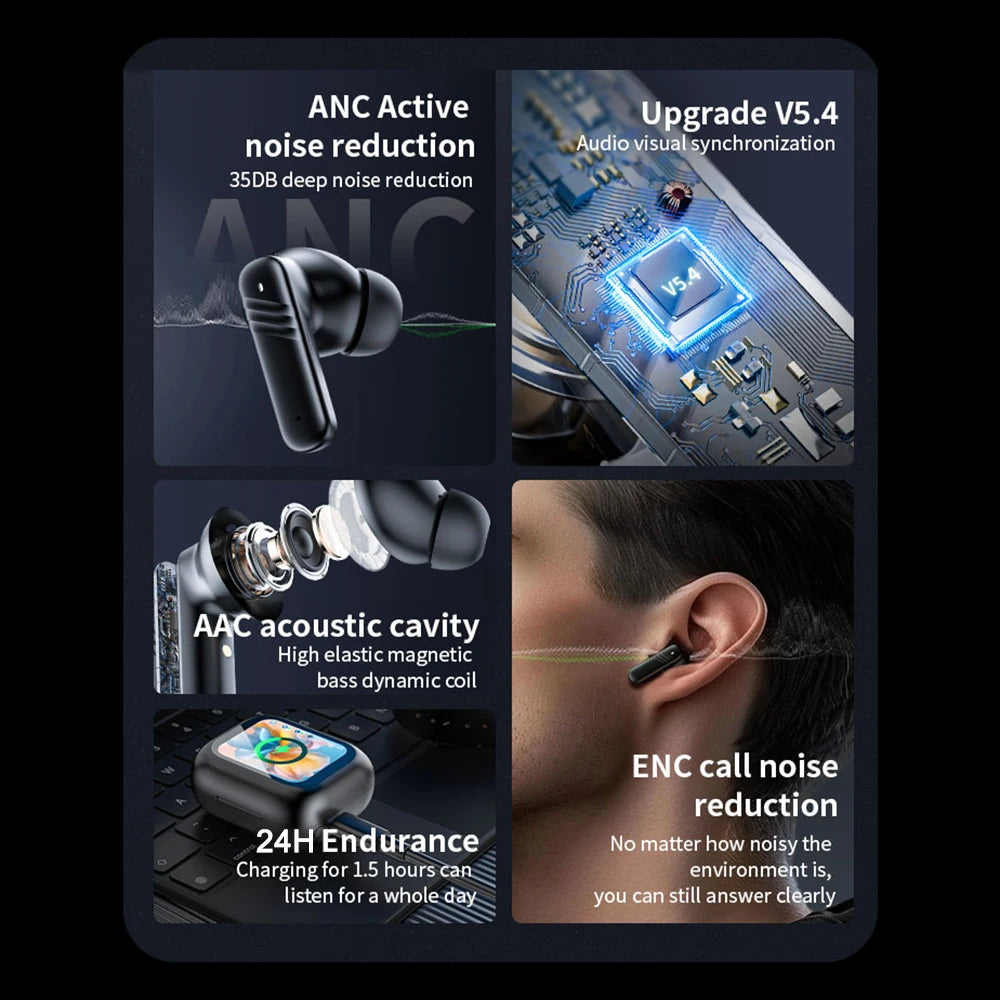 Bluetooth 5.4 ANC Headset Color Screen Touch Active Noise Cancellation Earbuds HIFI Stereo Sports Waterproof Earphones