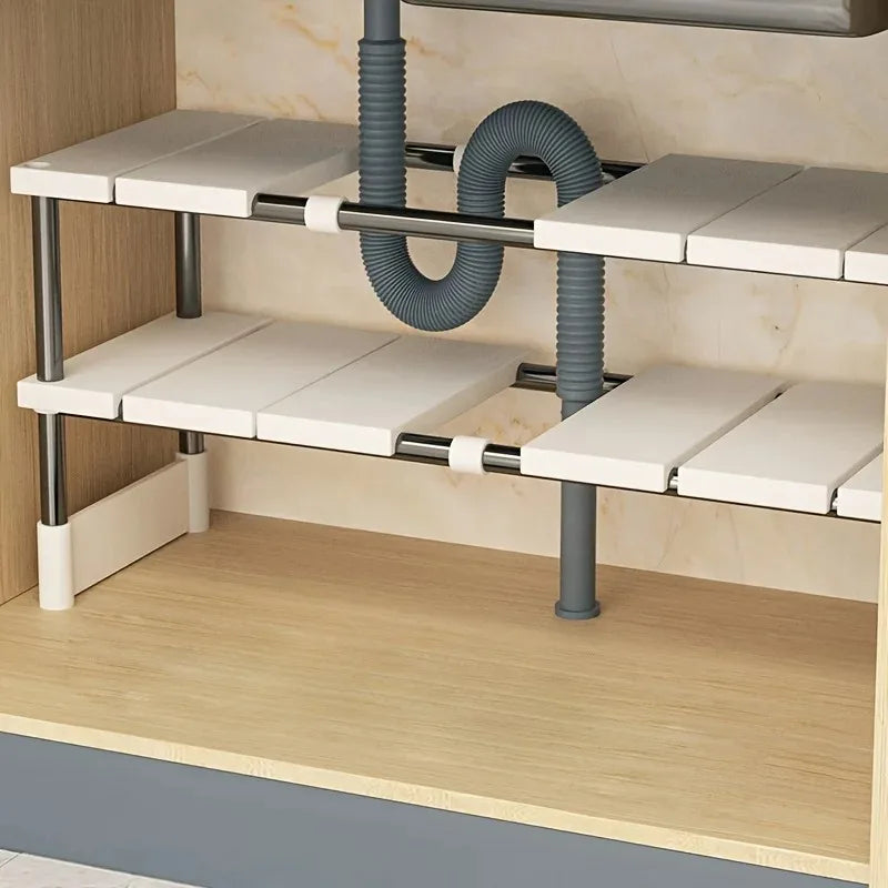 Adjustable Under Sink Storage Rack Expandable Kitchen & Bathroom Cabinet Organizer Durable Space-Saving Multi-Layer Pot Holder