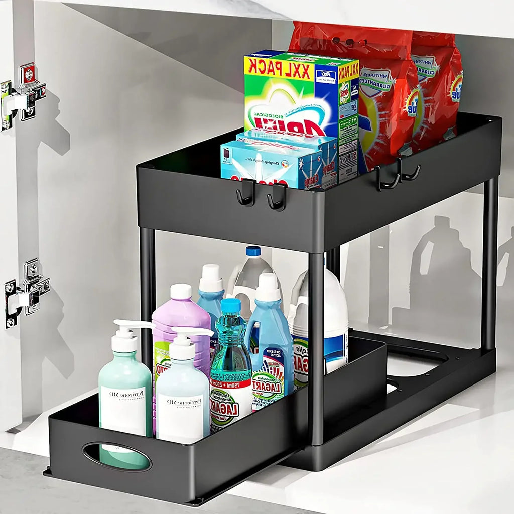 Bathroom Kitchen 2 Tier Under Sink Organizer Sliding Cabinet Storage Basket Rack with Hooks Hanging Cup