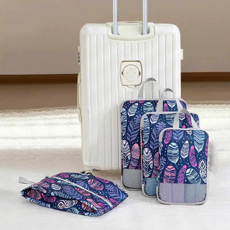 Foldable Compressible Packing Cubes, Waterproof Travel Storage Bag,Polyester Suitcase, Portable With Handbag, Luggage Organizer