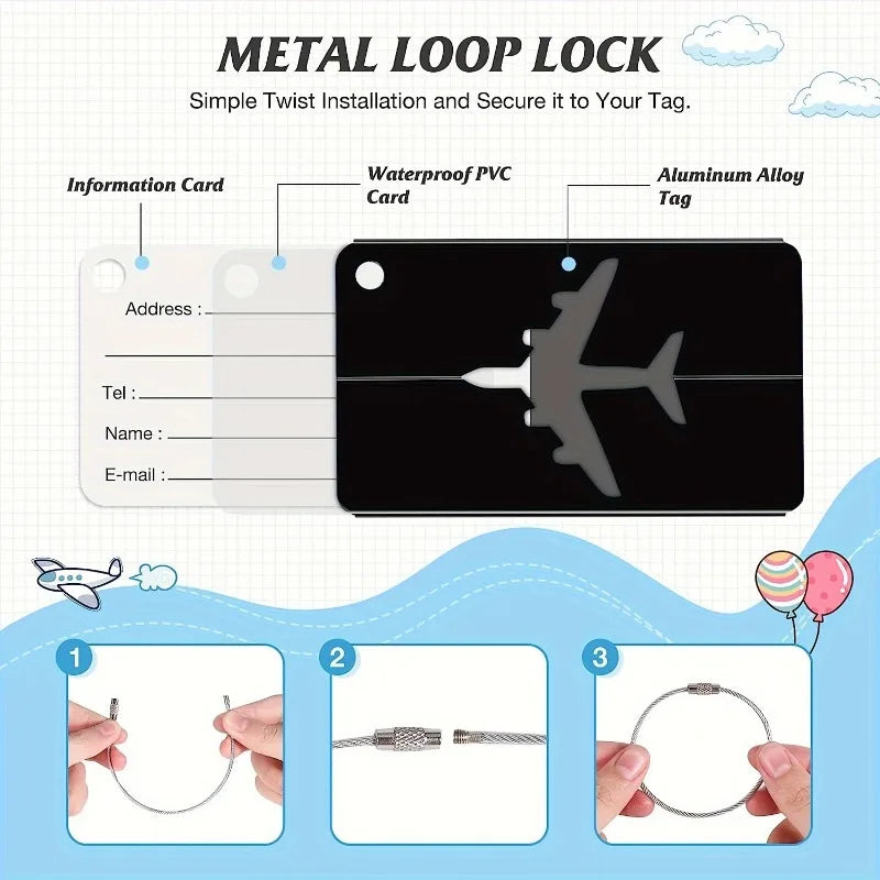 Pack Etiquetas de Maleta Aluminio — Diseño Antirrobo con Anilla de Acero