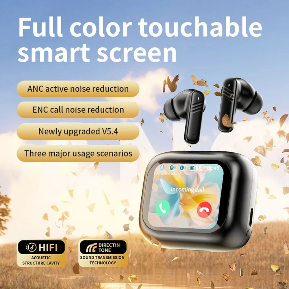 Bluetooth 5.4 ANC Headset Color Screen Touch Active Noise Cancellation Earbuds HIFI Stereo Sports Waterproof Earphones