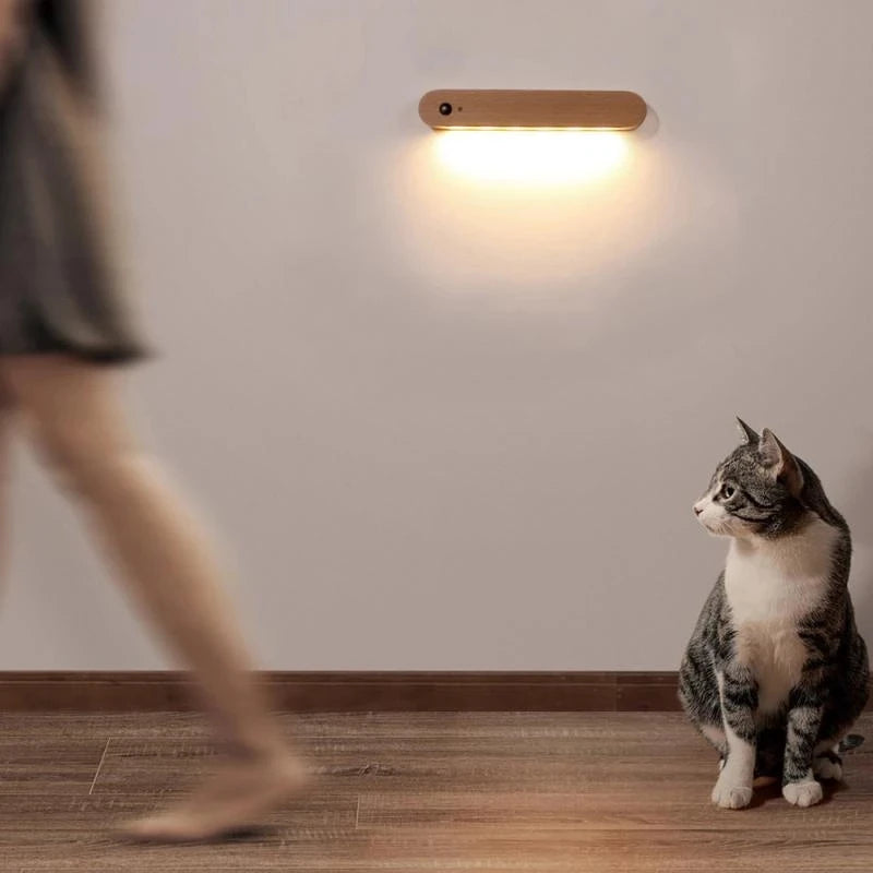 LED PIR Motion Sensor Night Light Bedroom Wooden Lamps Home Decor Magnetic Key Holder Cabinet Door Hanging Lamp USB Rechargeable