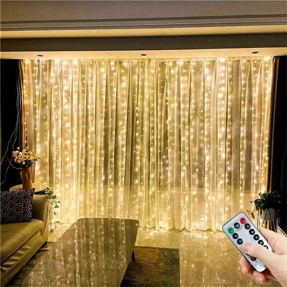 USB Powered LED Curtain Lights 8 Lighting Modes Valentine's Day Ramadan Decoration for Home 2026 Wedding Eid Mubarak Fairy Light