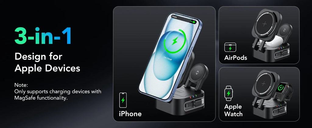4-in-1 Magnetic Wireless Charger Built-in Retractable Cable Retractable Foldable Compact Charger Compatible with iPhone iWatch