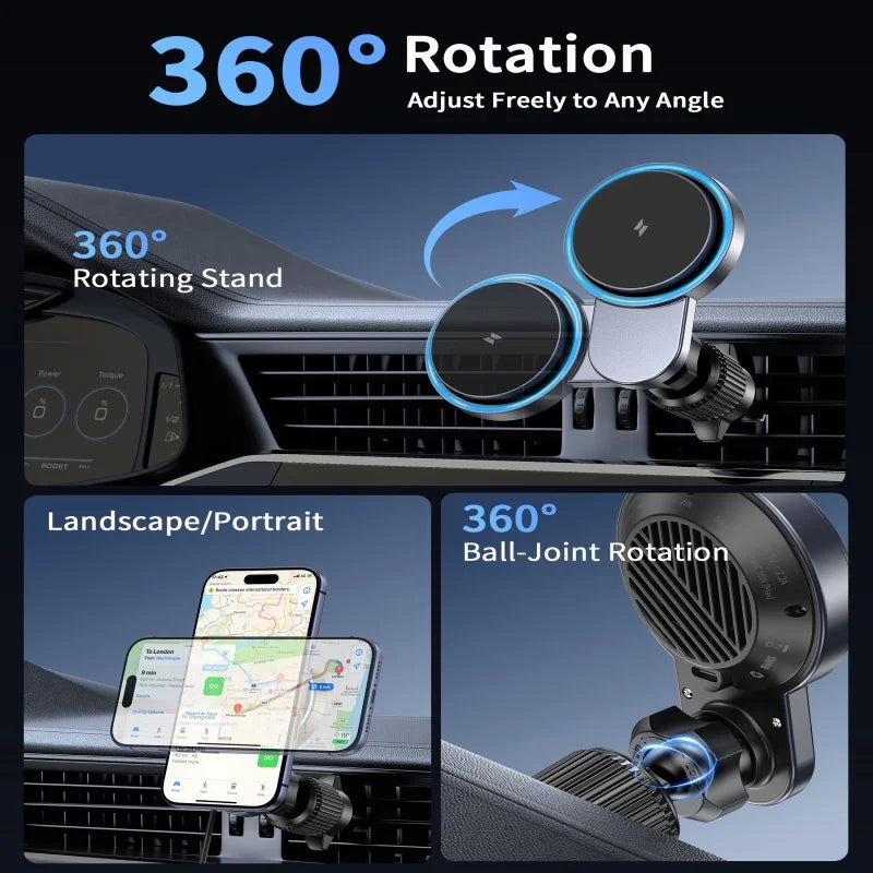 25W Magnetic Wireless Charger with Cooling Fan for iPhone 17/16/15/14/13/12 Car Vent Phone Holder Mount with 63W Cars Chargers