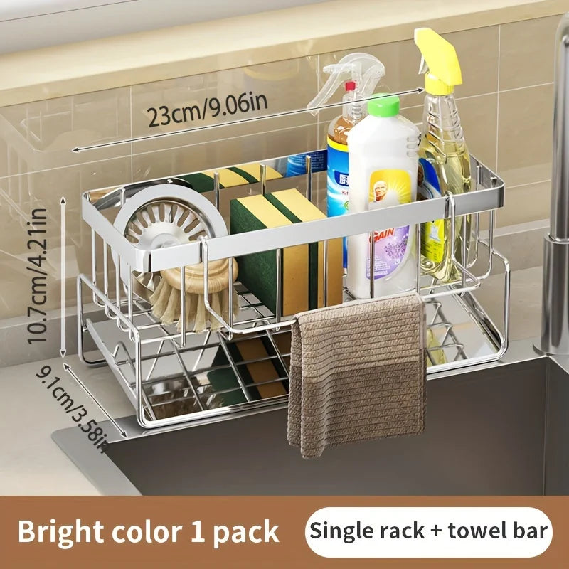 Stainless Steel Sink Caddy Organizer with Drain Tray, Rustproof Sponge Holder & Soap Dispenser for Kitchen Countertop Storage