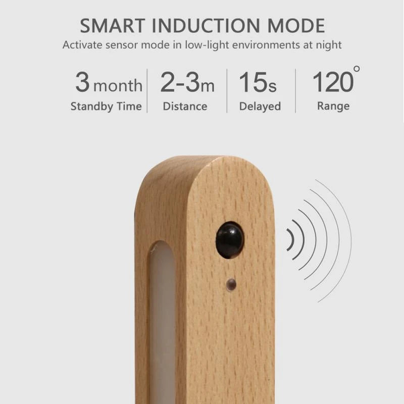 LED PIR Motion Sensor Night Light Bedroom Wooden Lamps Home Decor Magnetic Key Holder Cabinet Door Hanging Lamp USB Rechargeable