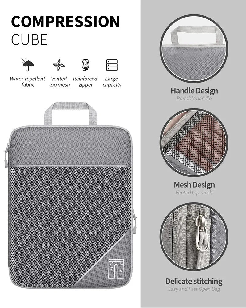 5PCS Travel Compressed Packing Cubes Storage Organizer Set With Shoe Bag Mesh Visual Luggage Portable Lightweight Suitcase Bag