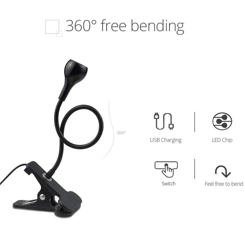 USB LED Reading Lamp Table Lamp Flexible Desk Night Light Clip-on Student Study Lights Bedside Indoor Room Lighting With Switch