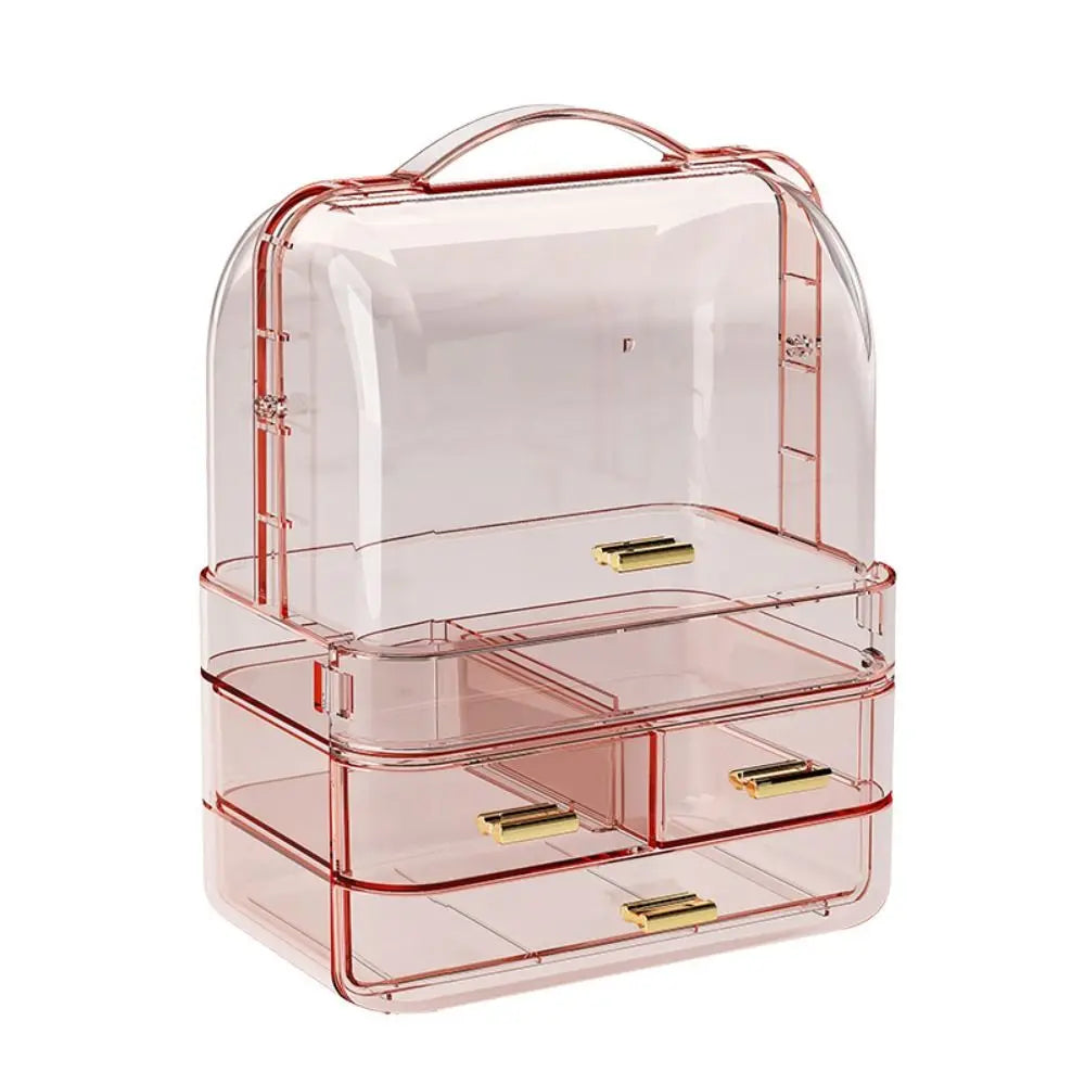 Drawer Style Cosmetics Storage Box with Lid and Handle Dustproof Makeup Storage Rack Clear Desktop Organizer