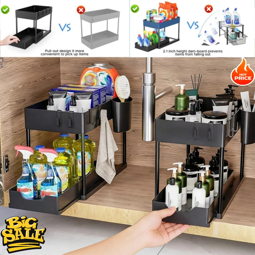 New 2 Tier Pull Out Under Sink Organizer, Sliding Cabinet Storage Shelf with Hooks & Cup, Multipurpose Rack for Kitchen Bathroom