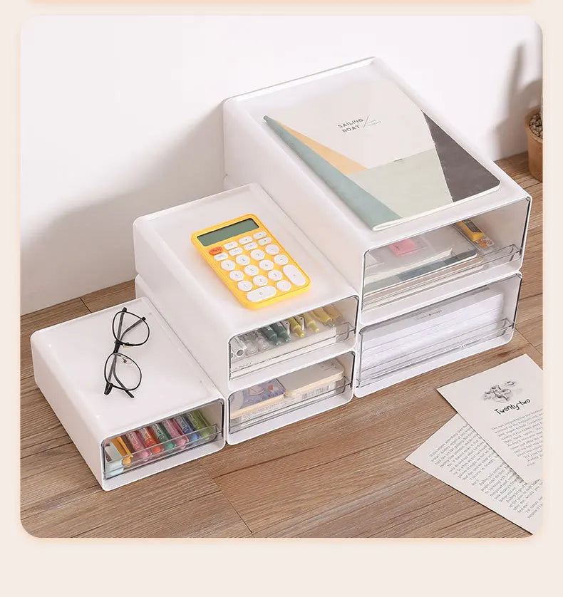 Stackable Drawer Organizer Desktop Storage Box Portable Cabinet for Office & Study Transparent Drawers with Combination Design