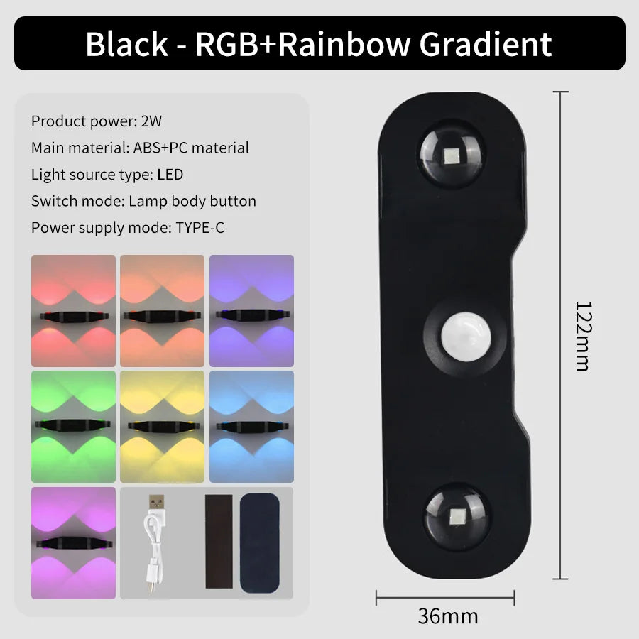 LED Motion Sensor Wall Light RGB 3Color Magnetic Rechargeable Night Lamp USB Touch Dimming Cabinet Stair Atmosphere Light Decor