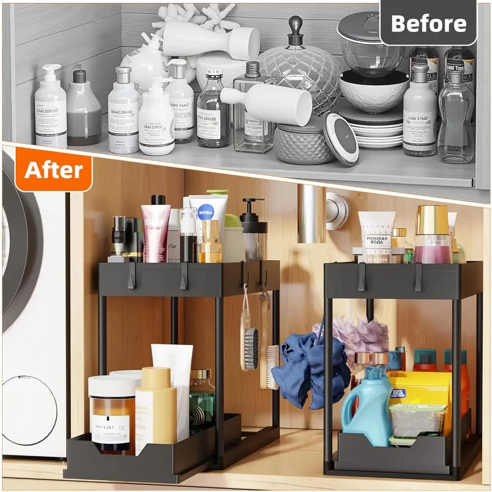 2 Pack 2 Tier Under Sink Organizer with Sliding Basket Multi Purpose Bathroom Cabinet Organizer Under Sink Storage