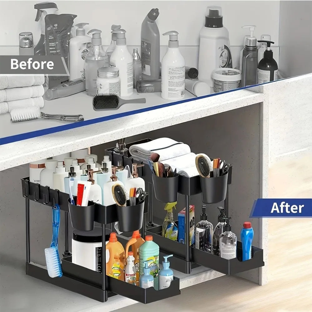 New 2 Tier Pull Out Under Sink Organizer, Sliding Cabinet Storage Shelf with Hooks & Cup, Multipurpose Rack for Kitchen Bathroom