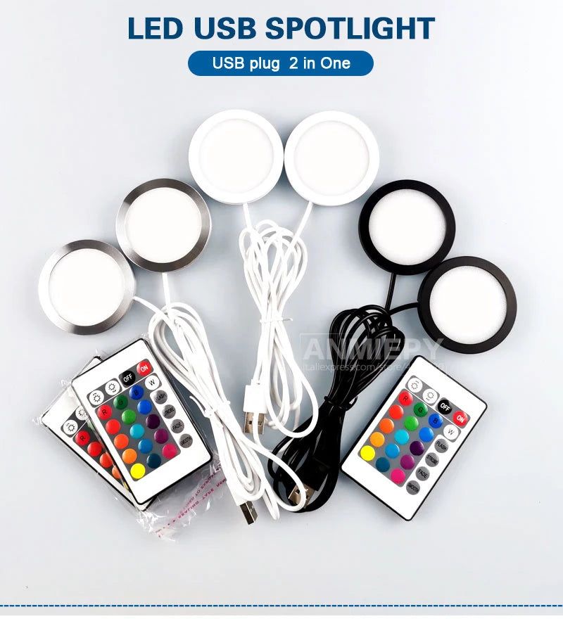 USB Led Spotlight 5W 3W DC5V RGB With Remote Jewelry Cabinet Showcase Counter Lamp Ceiling Mini Spot Light USB plug 2 in One