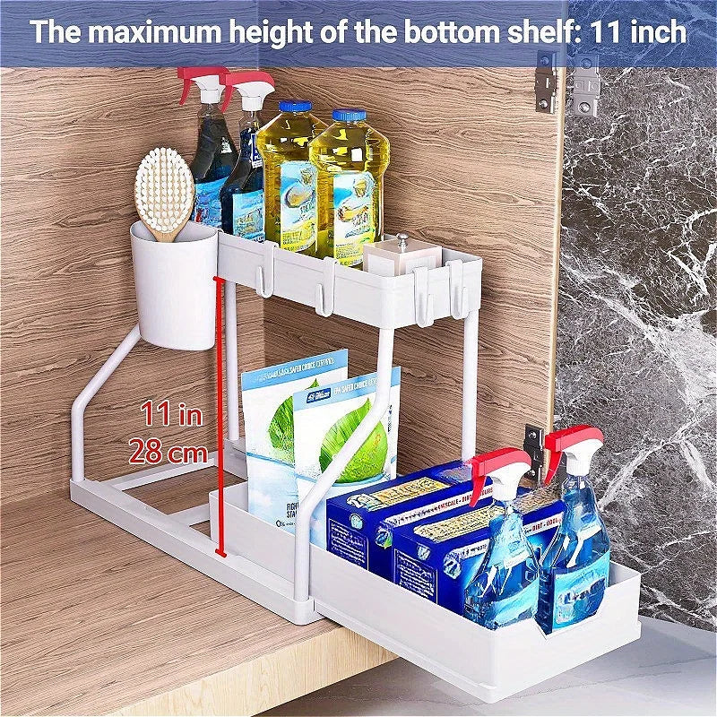 2 Tier Under Sink Organizer, Pull Out Cabinet Storage Shelf with Hooks & Hanging Cup, Space Saving Rack for Kitchen Bathroom