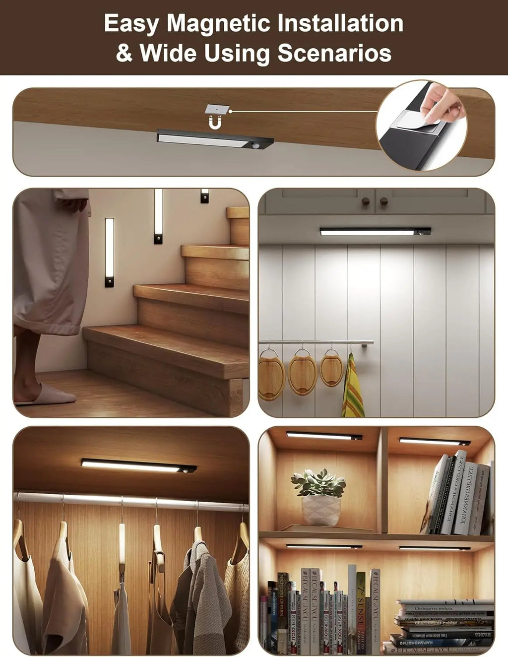 LED Motion Sensor Light Wireless USB Rechargeable Night Light Portable Induction Lamp for Kitchen Cabinet Wardrobe Staircase