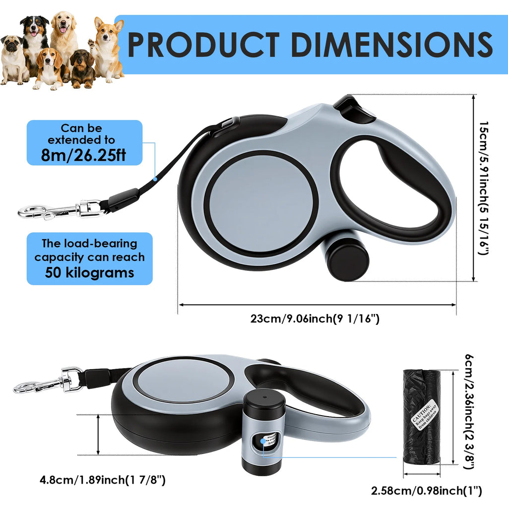 8 M Retractable Dog Leash 3 Mode Automatic Telescopic Dog Leash with Waste Bag and Nonslip Grip Dog Walking Leash Pet Supplies