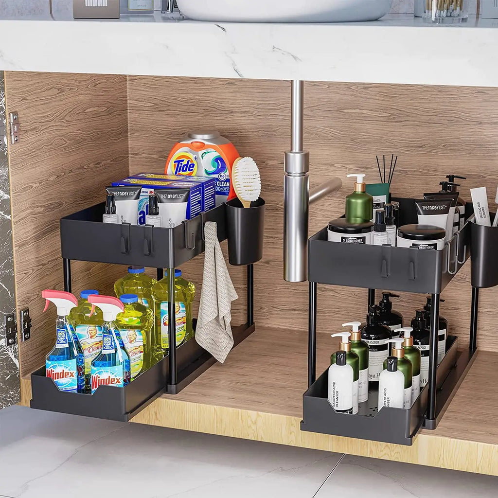 New 2 Tier Pull Out Under Sink Organizer, Sliding Cabinet Storage Shelf with Hooks & Cup, Multipurpose Rack for Kitchen Bathroom