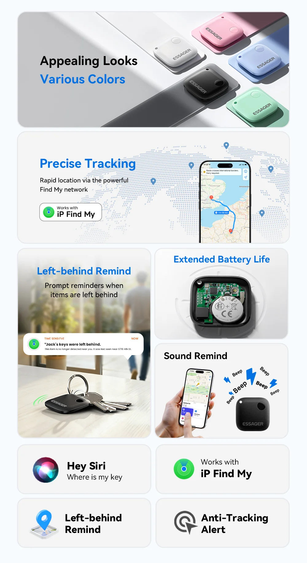 Essager Smart Bluetooth GPS Tracker Work with iOS System Find My App Air Tag Tracker Mini Locator Key Dog Pet Child Finder