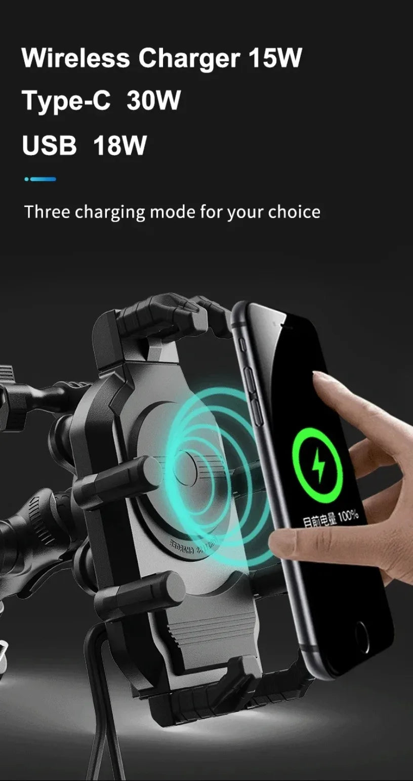 Fast Charging 15W Wireless Charger Shockproof Motorcycle Phone Holder 18W USB & 30W Type C Motorbike Bicycle Bike Scooter Stand