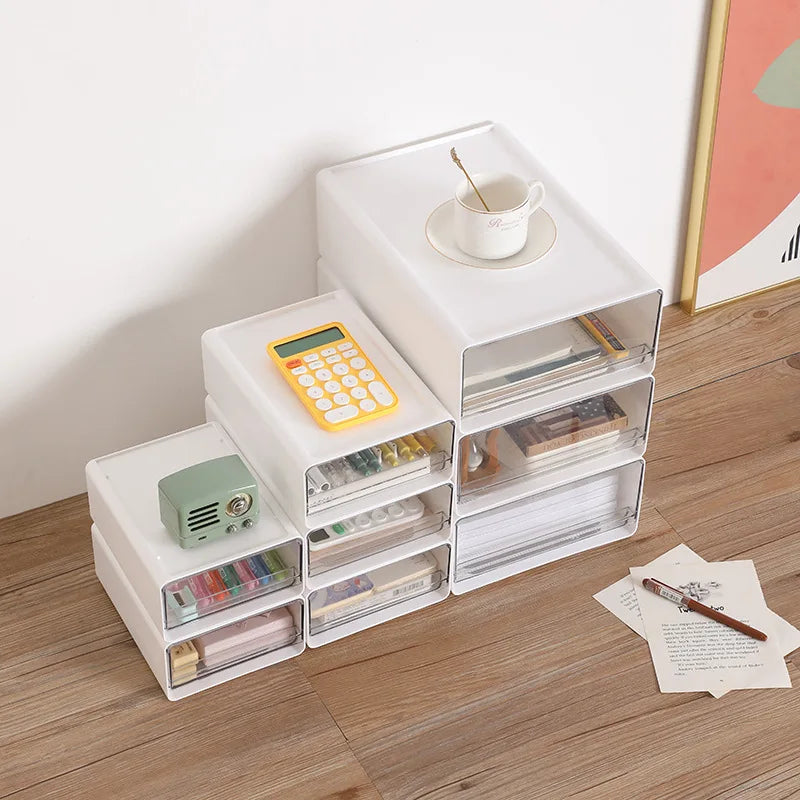 Stackable Drawer Organizer Desktop Storage Box Portable Cabinet for Office & Study Transparent Drawers with Combination Design