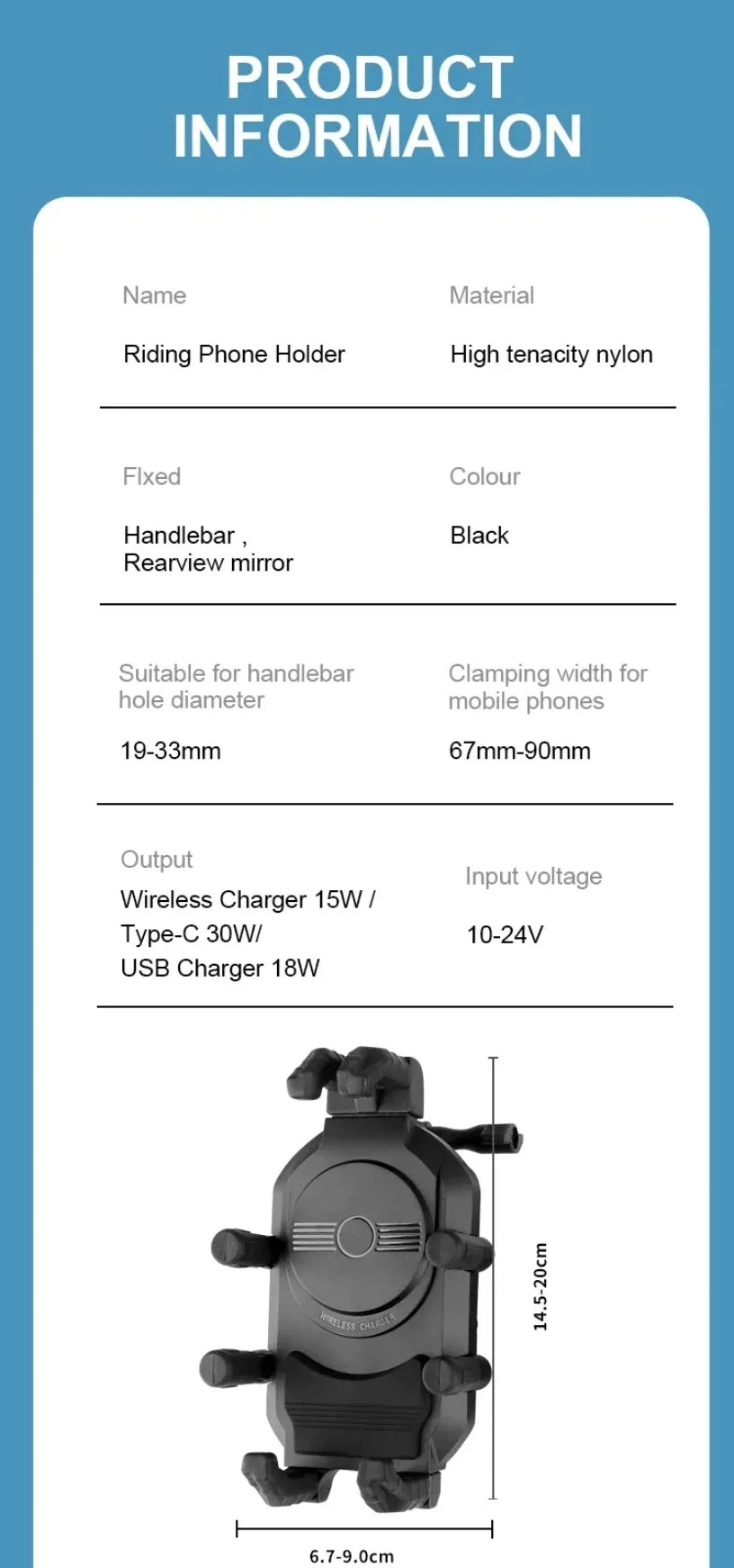 Fast Charging 15W Wireless Charger Shockproof Motorcycle Phone Holder 18W USB & 30W Type C Motorbike Bicycle Bike Scooter Stand