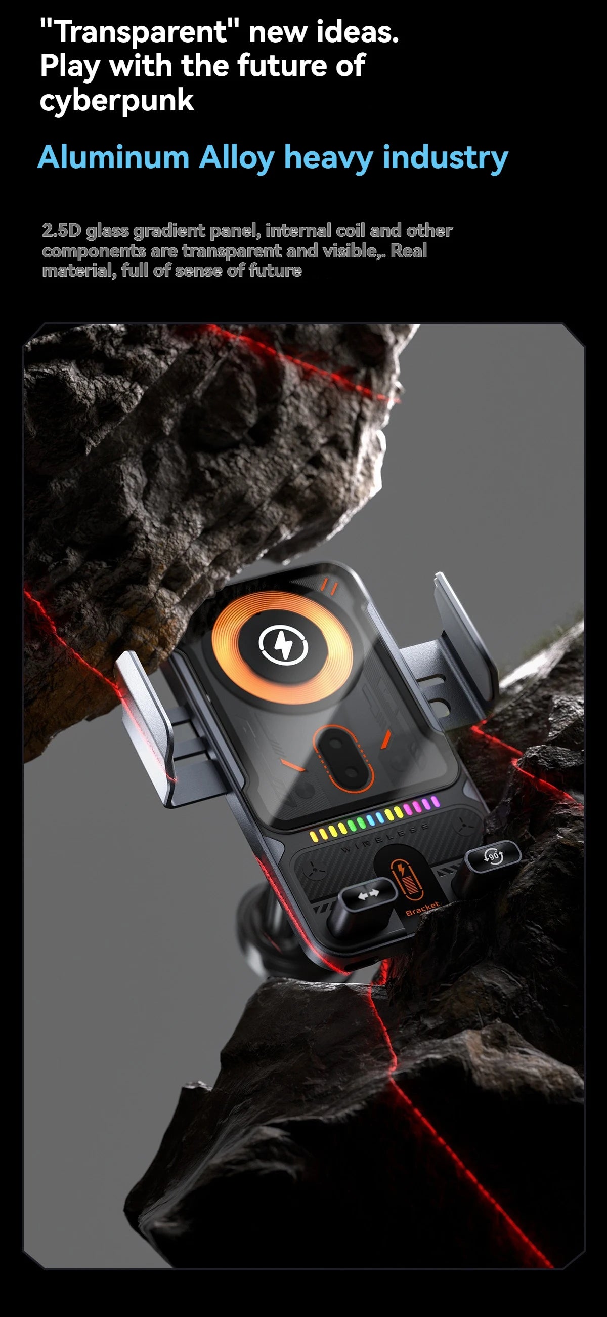 696 Car Holder With Dual Motor Electric Rotating Opening Closing Mobile Phone Holder Wireless Fast Charging Car Phone Bracket