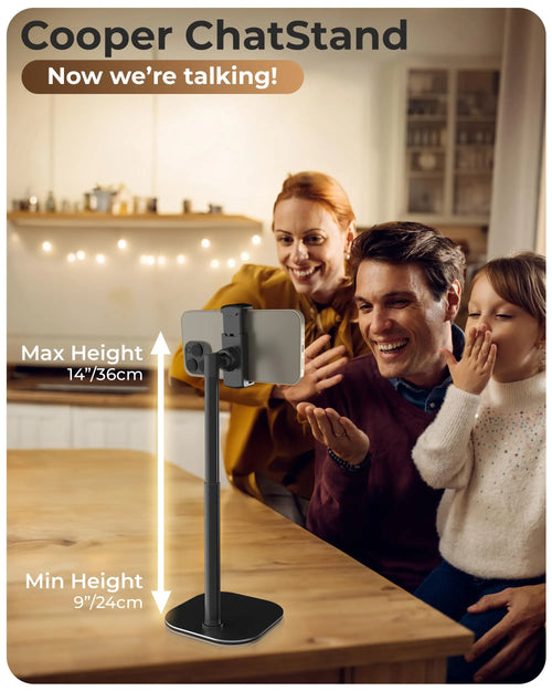 Adjustable Cell Phone Stand for Desk, Rotating Cell Phone Holder for Desk with 9-14" Face-Level View, Metal Desktop Tripod