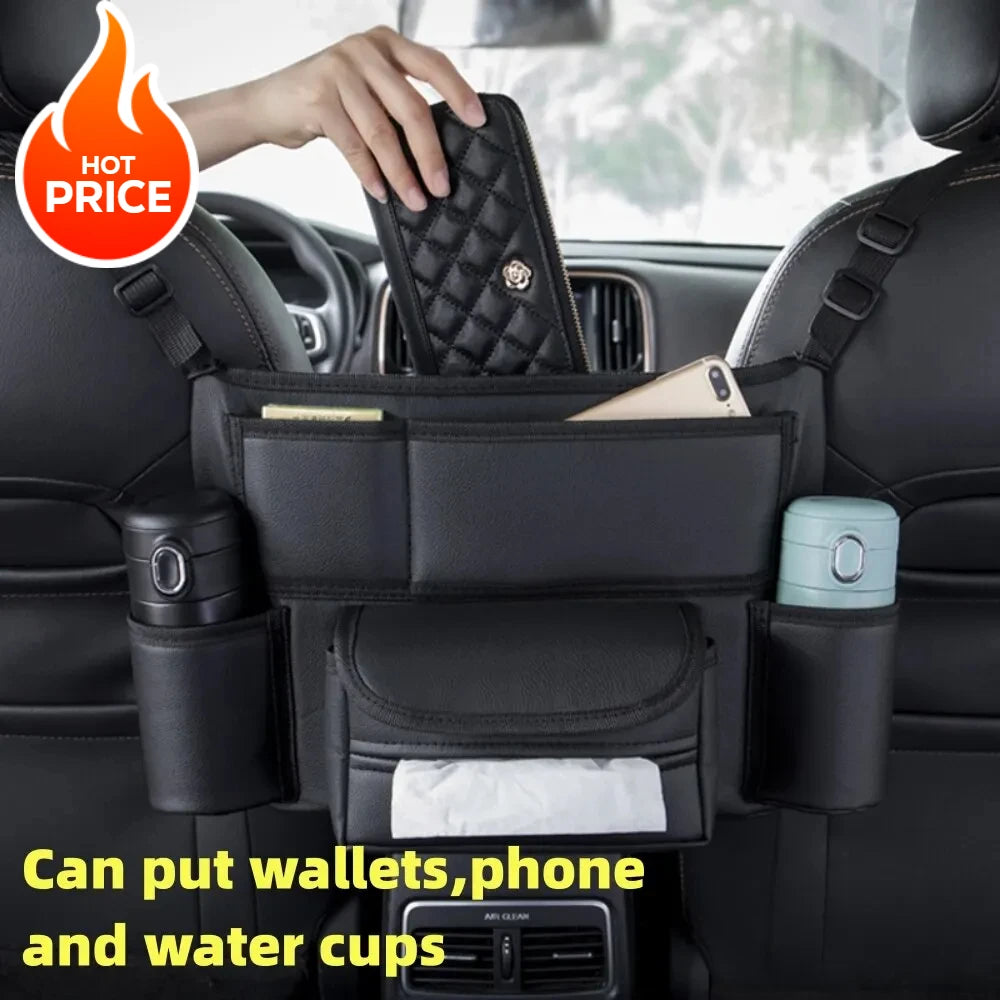 KJOY Between-Seat Car Organizer – Hanging Storage Bag with Cup Holder, Tissue Slot & Handbag Hook, Keeps Car Tidy