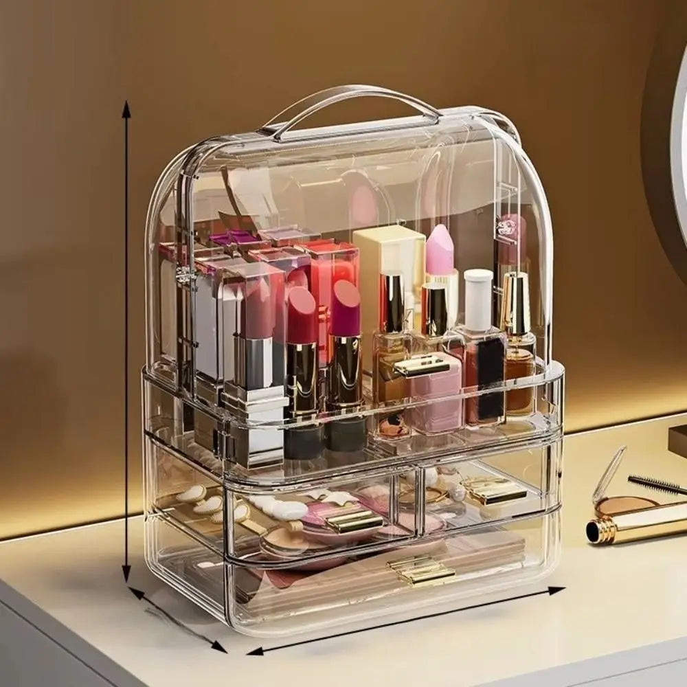 Drawer Style Cosmetics Storage Box with Lid and Handle Dustproof Makeup Storage Rack Clear Desktop Organizer