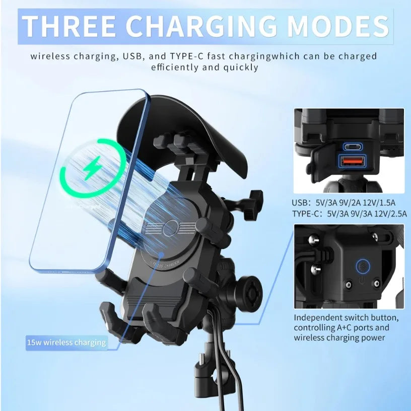 Fast Charging 15W Wireless Charger Shockproof Motorcycle Phone Holder 18W USB & 30W Type C Motorbike Bicycle Bike Scooter Stand