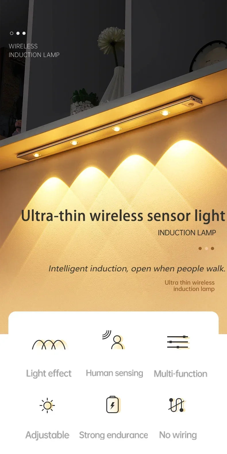 LED Motion Sensor Wireless Ultra Thin Night Light USB Rechargeable Cabinet Light For Kitchen Cabinet Bedroom Wardrobe Lighting