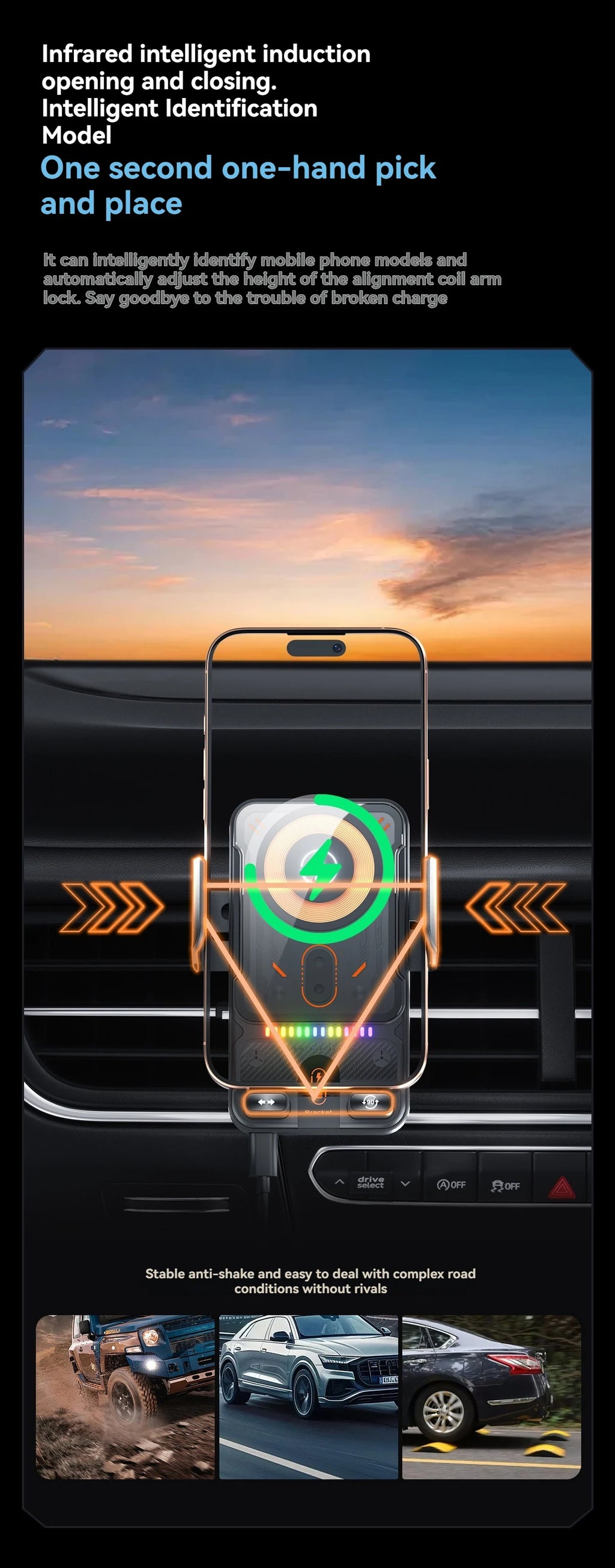 696 Car Holder With Dual Motor Electric Rotating Opening Closing Mobile Phone Holder Wireless Fast Charging Car Phone Bracket