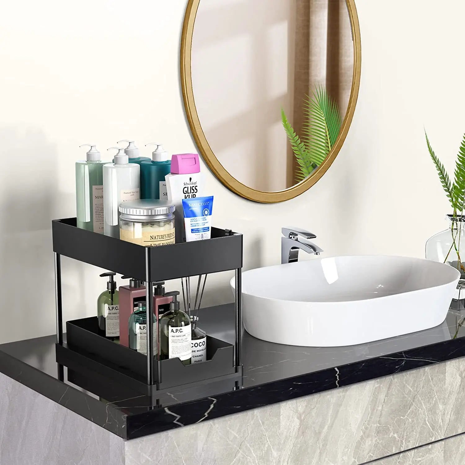 New 2 Tier Pull Out Under Sink Organizer, Sliding Cabinet Storage Shelf with Hooks & Cup, Multipurpose Rack for Kitchen Bathroom
