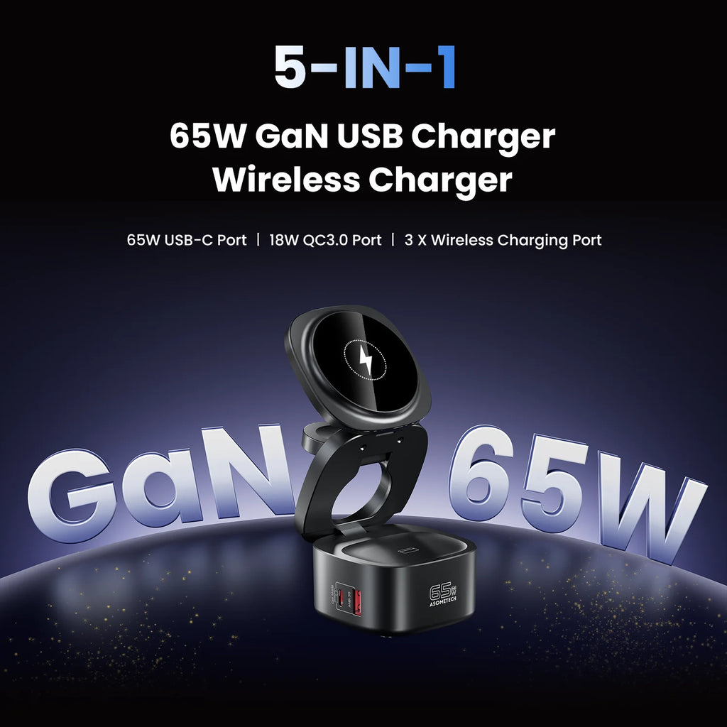 65W GaN USB Type C Wireless Charger Station 5 In 1 USB C PD3 0 QC3 0 For Mackook Phone iPhone 16 AirPods iWatch Wireless Charger