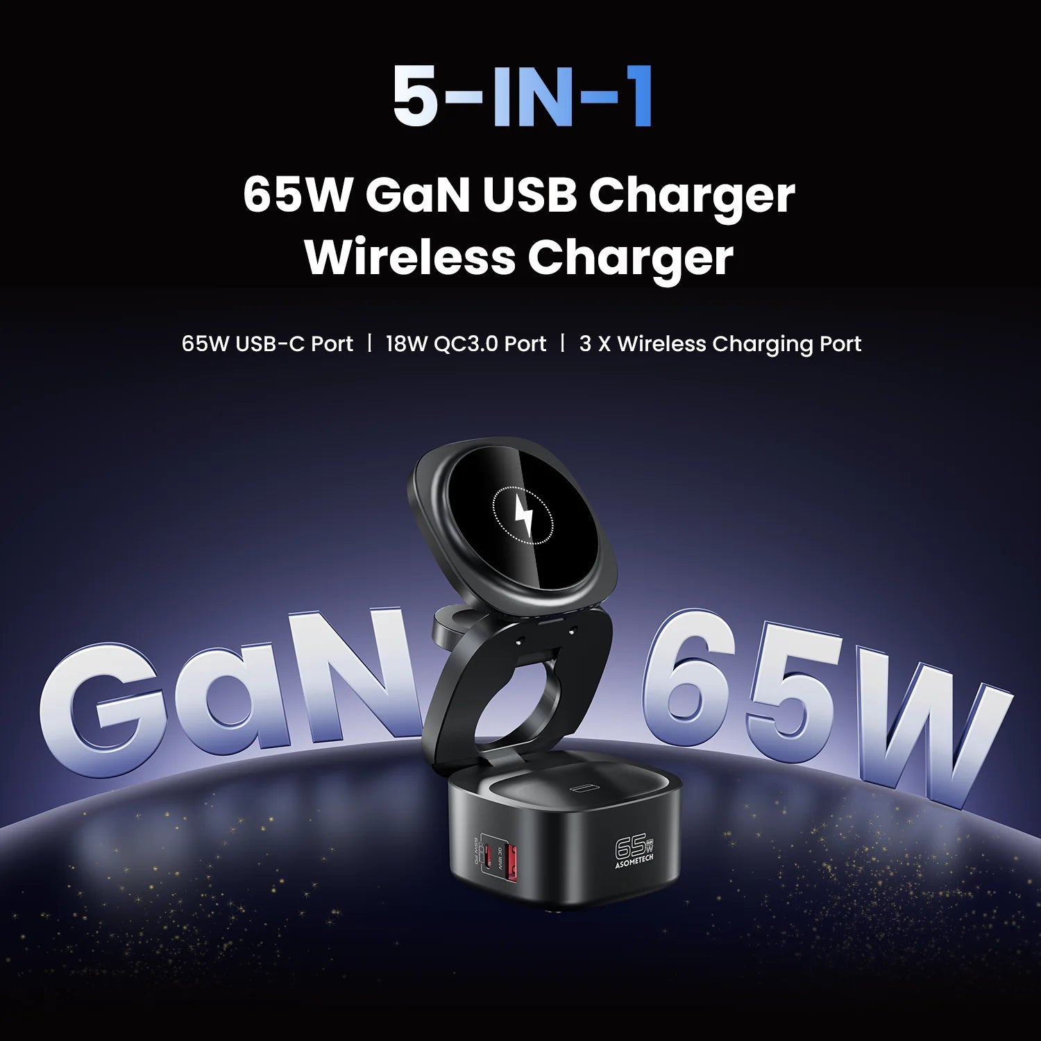65W GaN USB Type C Wireless Charger Station 5 In 1 USB C PD3 0 QC3 0 For Mackook Phone iPhone 16 AirPods iWatch Wireless Charger