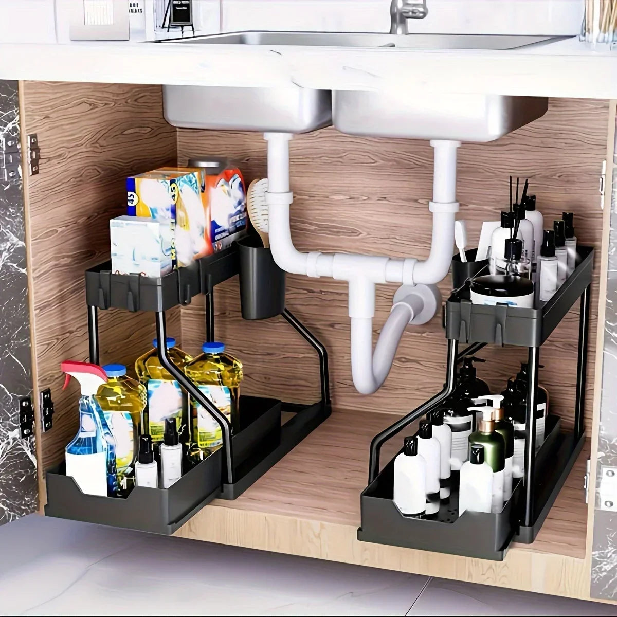 2026 2 Tier Slide Out Under Sink Organizer Large Capacity Space Saving Rack for Kitchen Bathroom Cabinet