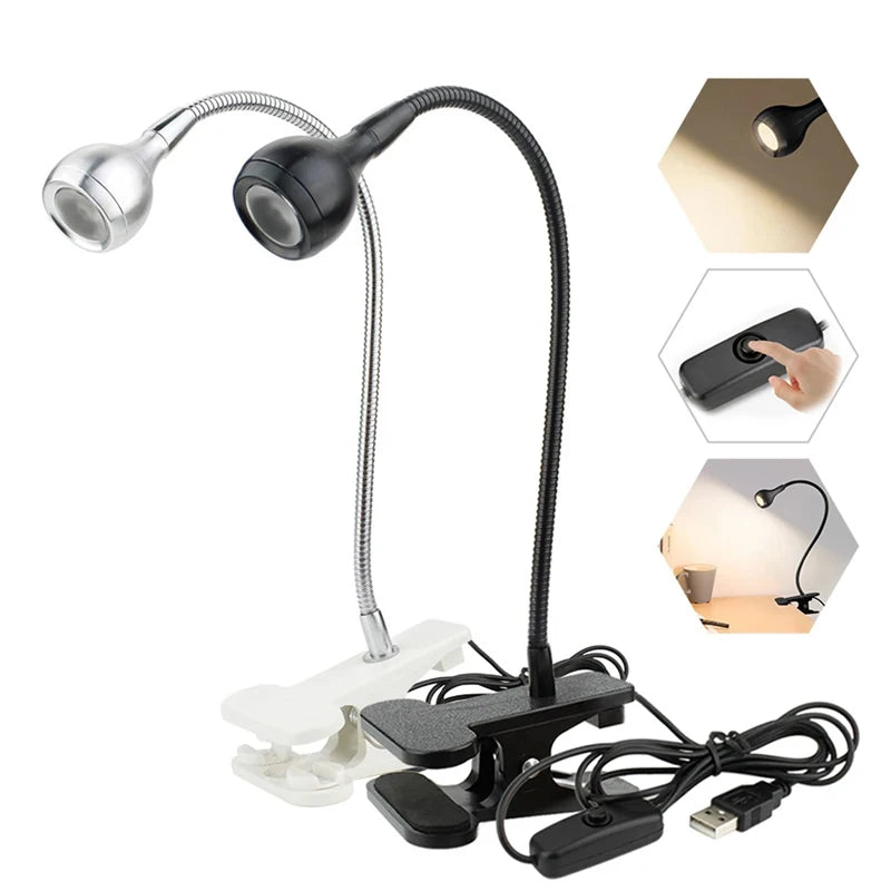 USB LED Reading Lamp Table Lamp Flexible Desk Night Light Clip-on Student Study Lights Bedside Indoor Room Lighting With Switch