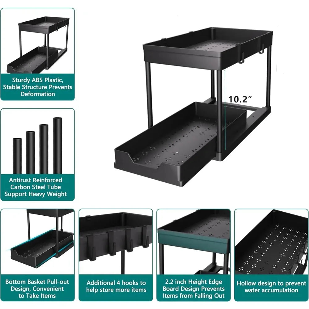 2 Pack 2 Tier Under Sink Organizer with Sliding Basket Multi Purpose Bathroom Cabinet Organizer Under Sink Storage