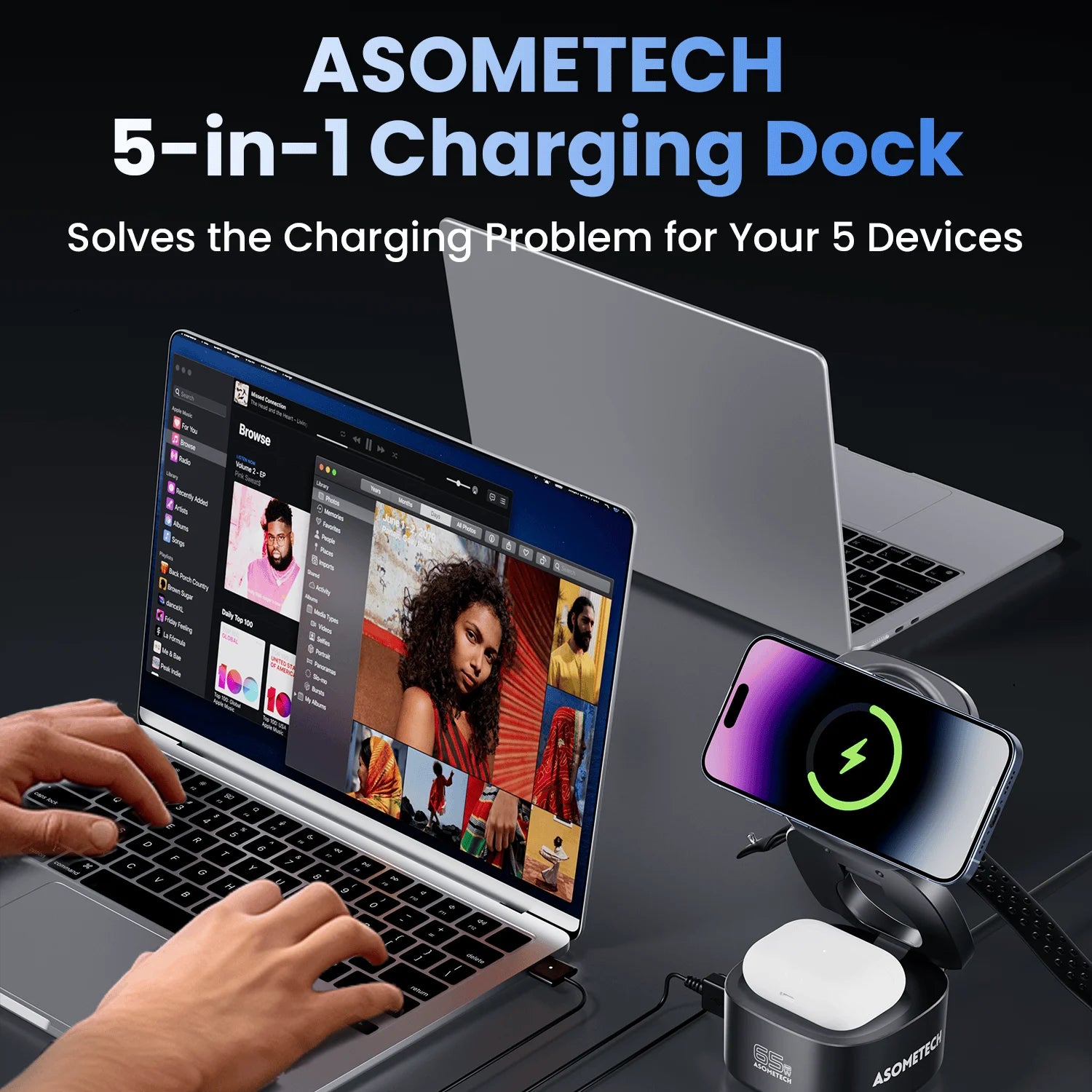 65W GaN USB Type C Wireless Charger Station 5 In 1 USB C PD3 0 QC3 0 For Mackook Phone iPhone 16 AirPods iWatch Wireless Charger