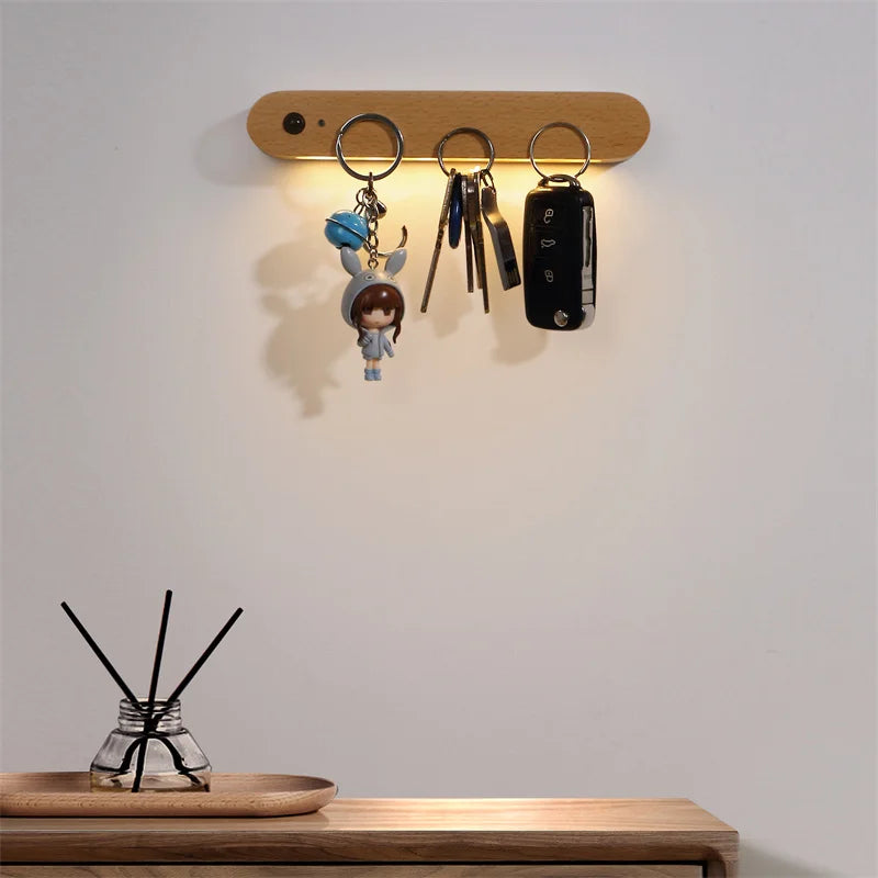 LED PIR Motion Sensor Night Light Bedroom Wooden Lamps Home Decor Magnetic Key Holder Cabinet Door Hanging Lamp USB Rechargeable