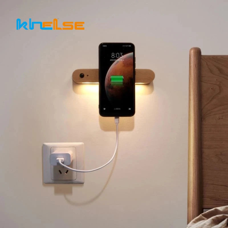 LED PIR Motion Sensor Night Light Bedroom Wooden Lamps Home Decor Magnetic Key Holder Cabinet Door Hanging Lamp USB Rechargeable