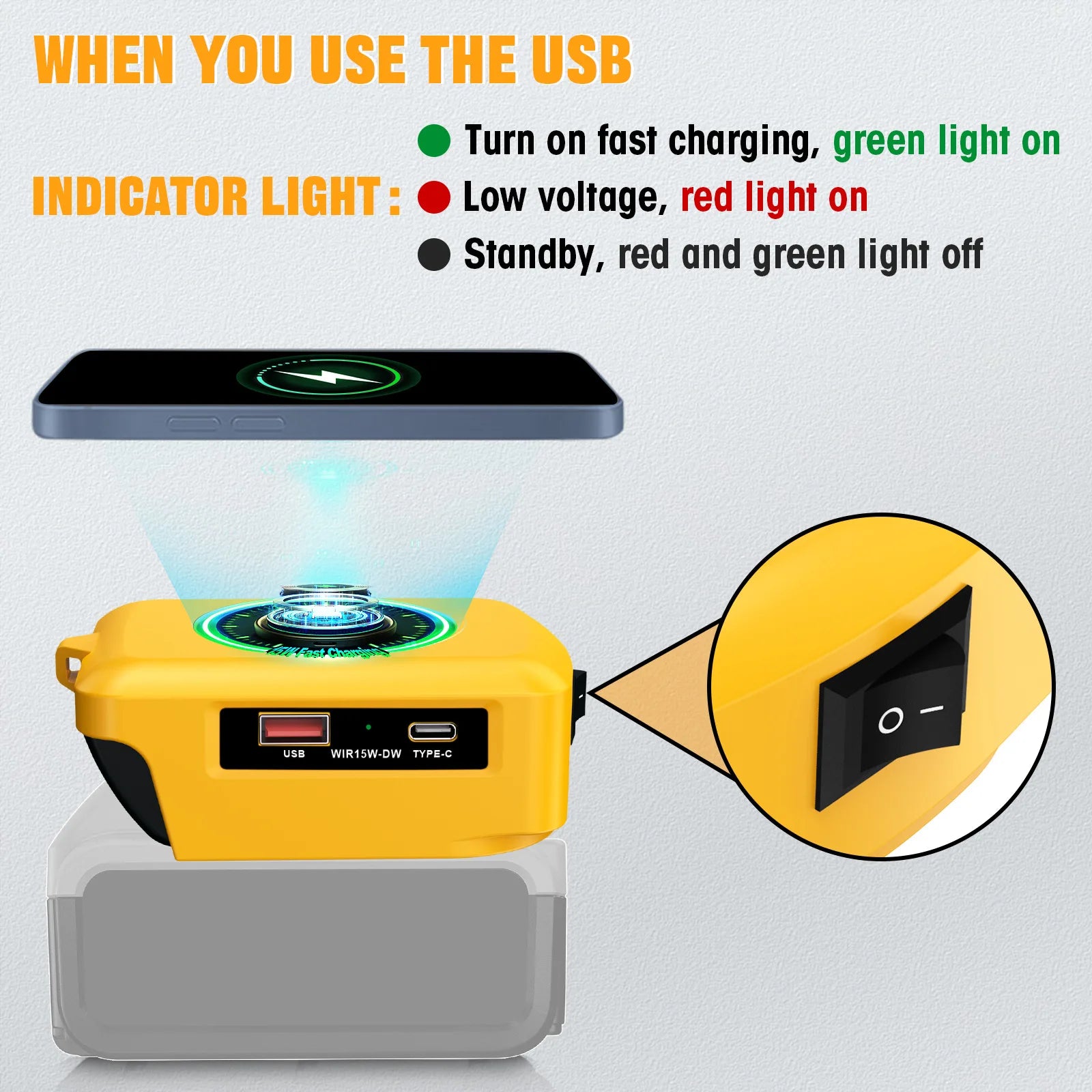 15W Wireless Charger for Makita Dewalt Milwaukee Bosch 18V-20V Battery USB Type-C Fast Charging Adapter PD QC Mobile Phone
