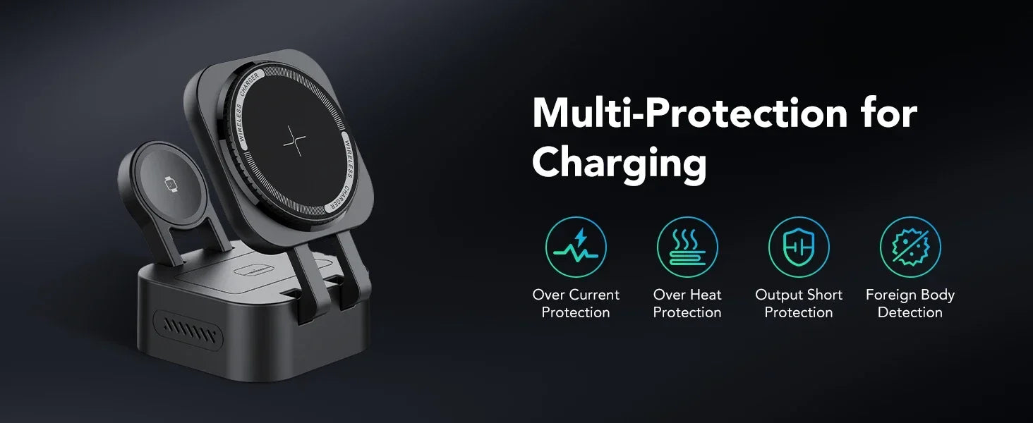 4-in-1 Magnetic Wireless Charger Built-in Retractable Cable Retractable Foldable Compact Charger Compatible with iPhone iWatch