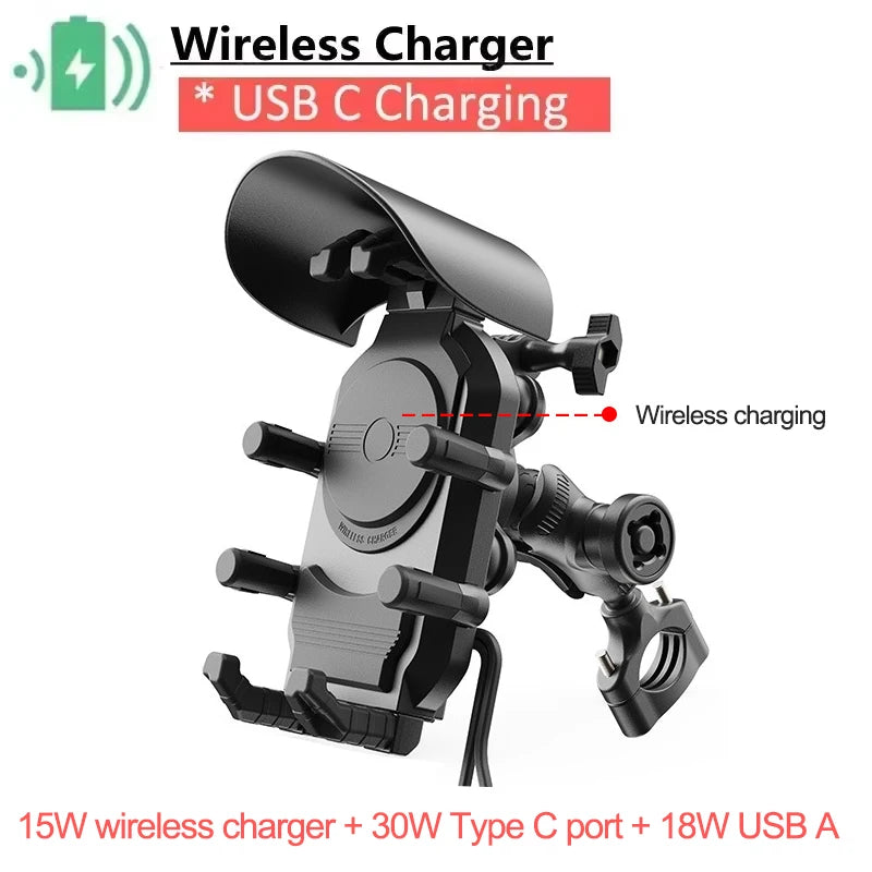 Fast Charging 15W Wireless Charger Shockproof Motorcycle Phone Holder 18W USB & 30W Type C Motorbike Bicycle Bike Scooter Stand