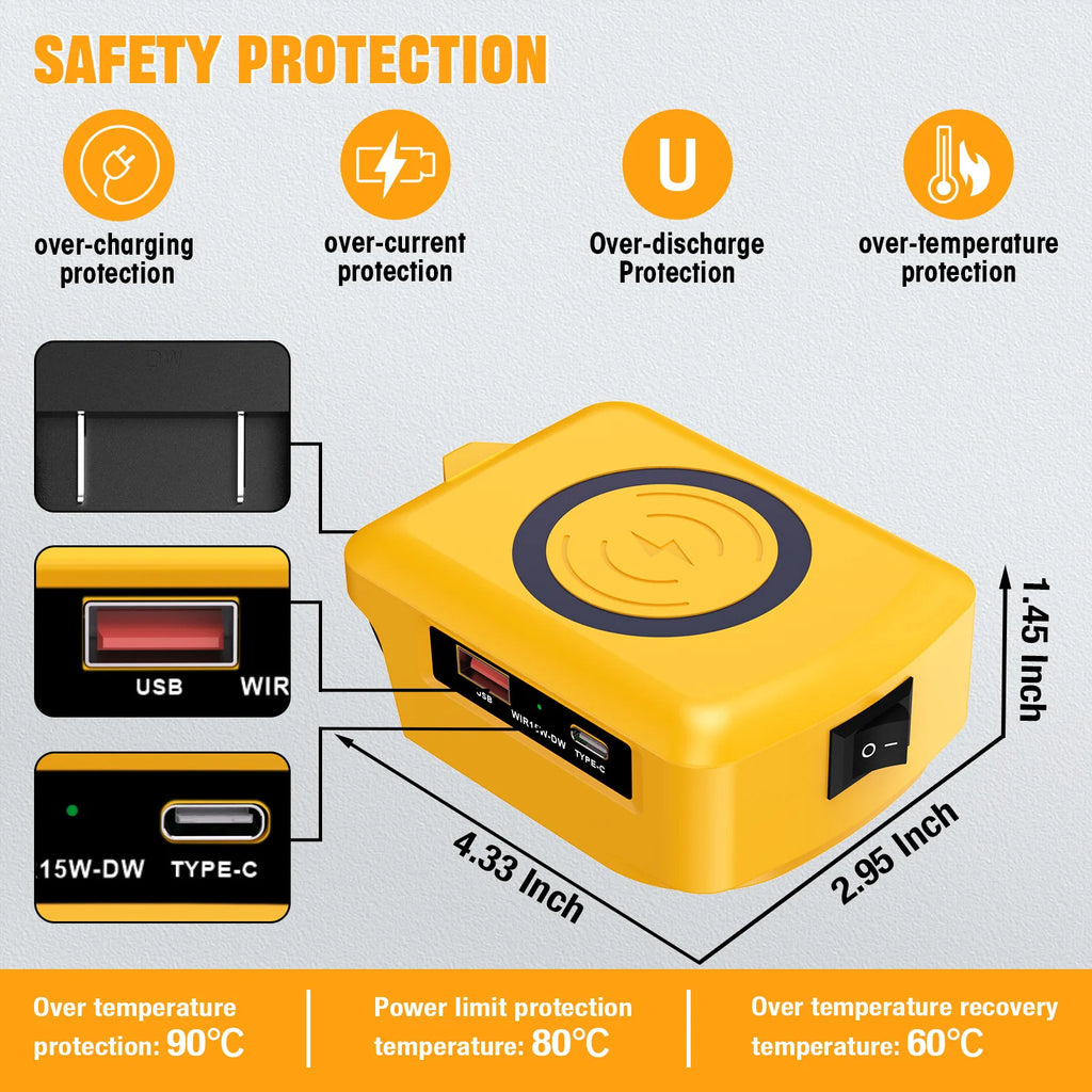 15W Wireless Charger for Makita Dewalt Milwaukee Bosch 18V-20V Battery USB Type-C Fast Charging Adapter PD QC Mobile Phone